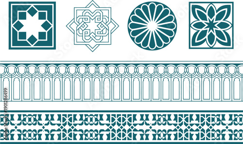 Islamic geometric patterns and borders in teal and white