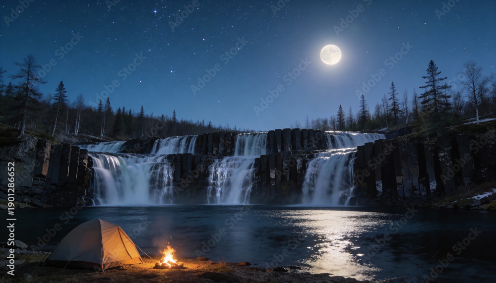 Naklejka premium Beautiful natural landscape featuring a massive waterfall and scenic foreground