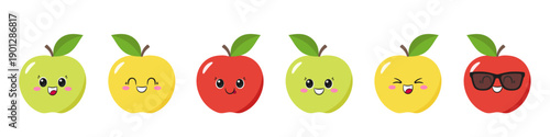 Set apples fruits, cute and fun cartoon character, happy smiling face, emotions joy delight, kawaii style, icon vector children's illustration.