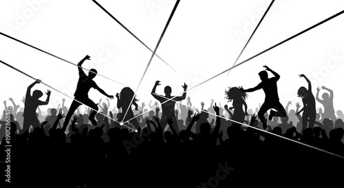 Energetic crowd silhouette captured under bright, crisscrossing laser beams during an exciting black and white music festival or nighttime dance party celebration.