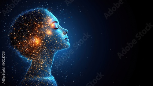 Side - profile of a Woman with Digital Wireframe Overlay Against a Starry Background