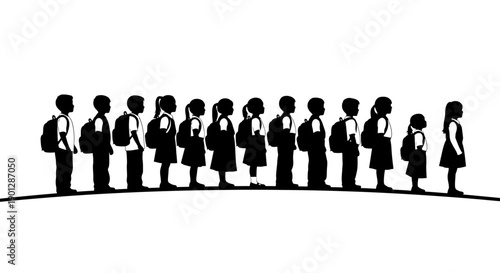 Diverse group of elementary school children standing in a neat line wearing backpacks illustrates structured education and orderly transition moments.