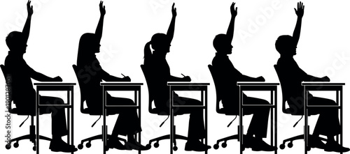 Row of student silhouettes sitting at desks raising hands to answer questions in a classroom setting.
