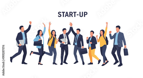 A diverse team of energetic professionals celebrating success and achievement in a dynamic startup environment