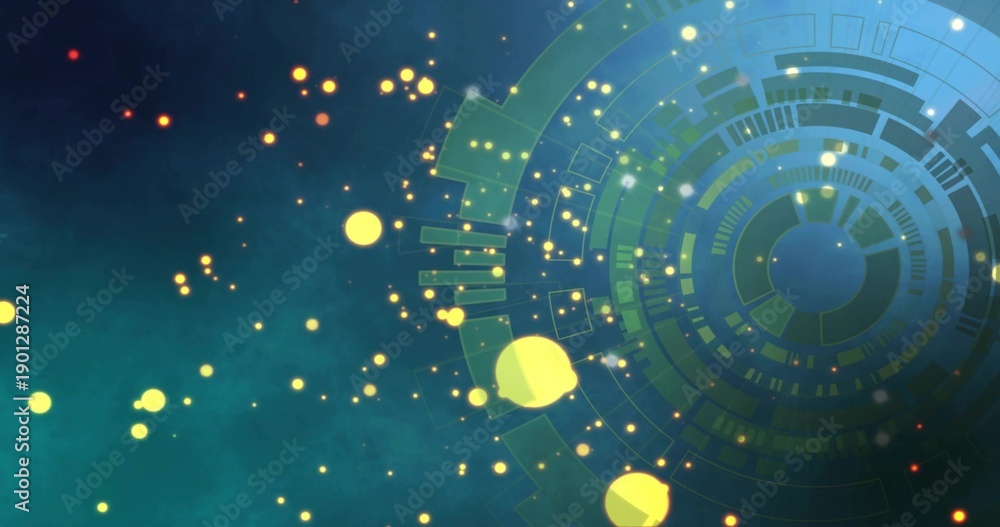 Fototapeta premium Displaying concentric HUD rings on right over teal-navy gradient with glowing orbs, copy space