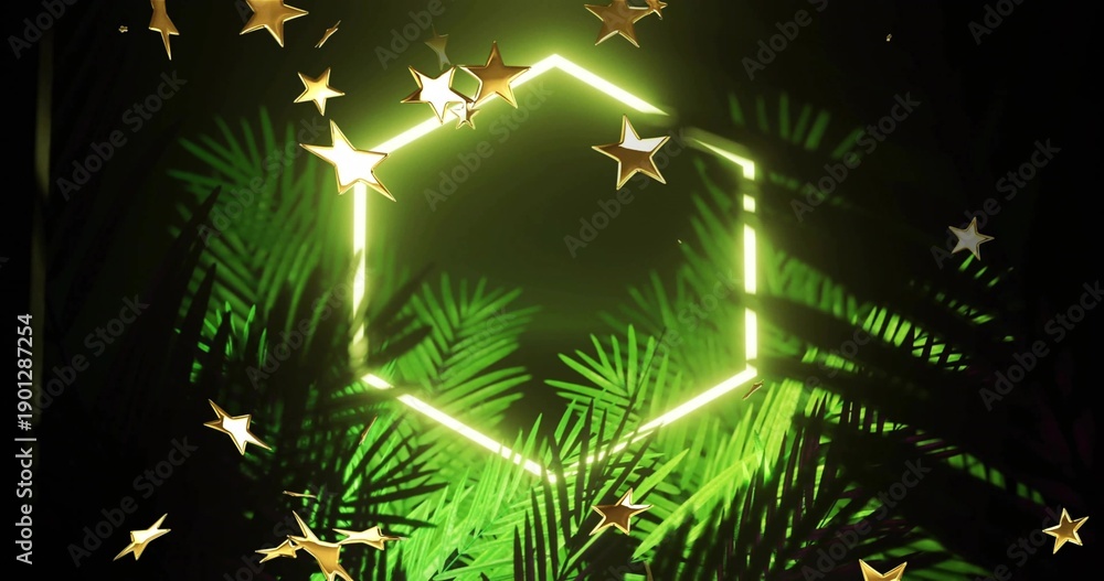 Fototapeta premium Glowing green neon hex emitting light in studio, with palm fronds, ferns, gold stars, fog