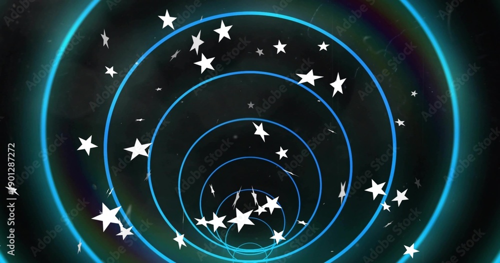 Obraz premium Rotating concentric neon-blue rings creating tunnel in digital space, with white stars