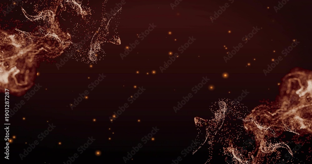 Fototapeta premium Swirling abstract particle formations drifting across maroon-black gradient, copper-gold sparks