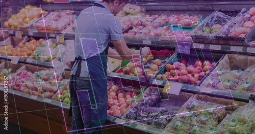 Arranging produce clerk stocking apples in store area, with dark apron green crates purple overlay