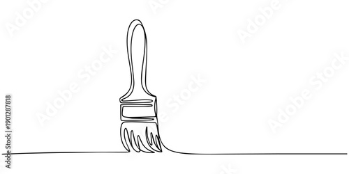 Paintbrush continuous line art, One continuous line of a paint brush for painting. Line art of a tool with a wooden handle and thick bristles. Drawing in one line style with a black stroke on a white