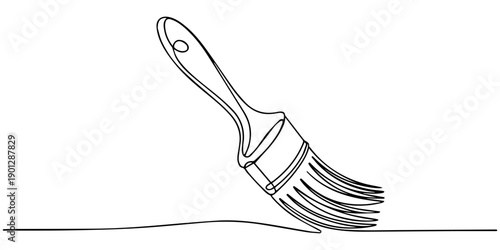 Paintbrush continuous line art, One continuous line of a paint brush for painting. Line art of a tool with a wooden handle and thick bristles. Drawing in one line style with a black stroke on a white