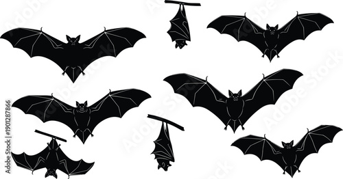 Set of various bat silhouettes featuring flying and hanging poses, spooky nocturnal wildlife collection, cad drawing flat vector illustration, Halloween design.