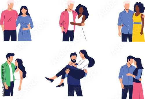 Diverse Collection of Modern, Flat Design Illustrations Showing Interracial and Multi-ethnic Couples Posing, Hugging, and Expressing Affection and Love.