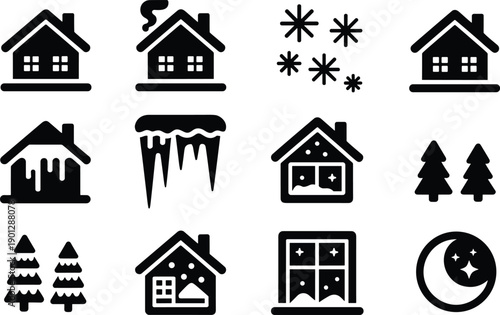 Collection of twelve winter icons with snowy houses, pine trees, snowflakes, icicles, and crescent moon, symbolizing holiday season design