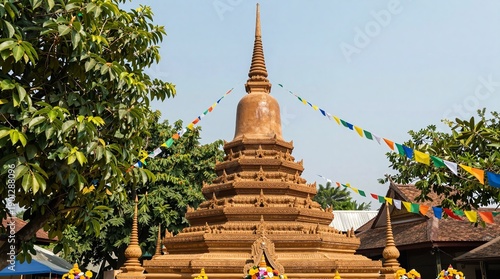 A serene Buddhist temple with a tall spire and colorful prayer flags