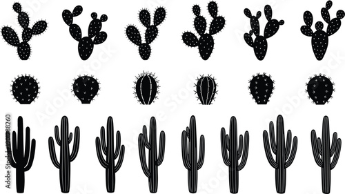 WebLarge Collection of Different Cactus Silhouettes Featuring Saguaro Prickly Pear and Desert Plant Icons Isolated on White Background for Western and Nature Graphic Design Projects