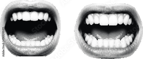 A close-up of two mouths with their mouths open