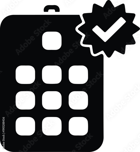 Black icon of a calendar with a checkmark in a starburst symbol