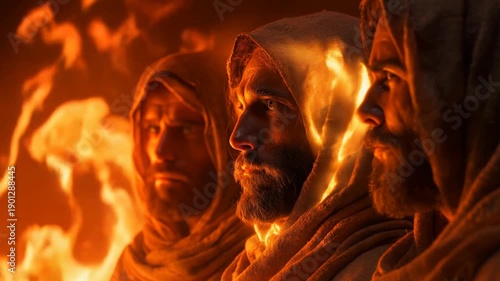Fiery furnance from Bible.
Three men standing in burning heat.
Old testament story.