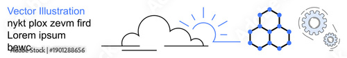 Technology, innovation, data science, communication, cloud storage, renewable energy. Minimalist cloud and sun, hexagonal molecular shape and gears. Technology and innovation