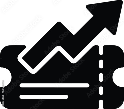 Black ticket icon with upward trending arrow on white background coupon voucher