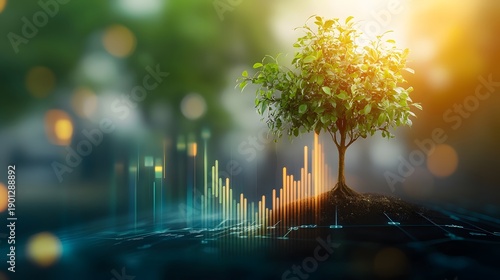A digital representation of growth, depicting a tree with data visualization elements, symbolizing sustainability and technology integration.