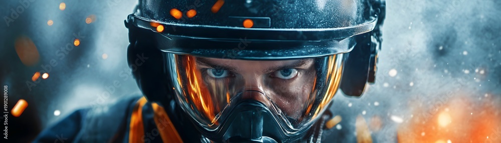 Fototapeta premium A firefighter prepares for action, showcasing determination and focus against a backdrop of flames and smoke.