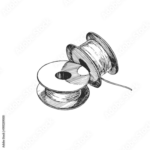Metal sewing machine bobbins sketch vector. Hand-drawn textile thread spools in vintage ink style.