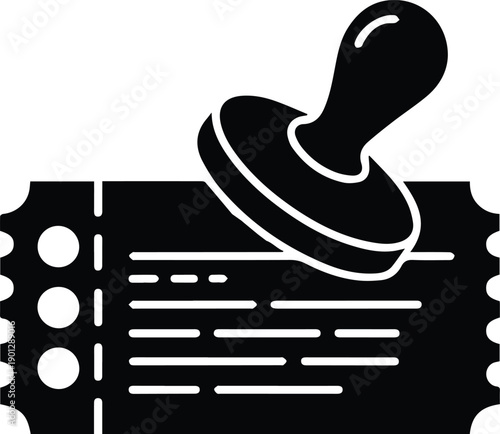 Black Ticket With Stamp Icon And Circles On White Background seal approval