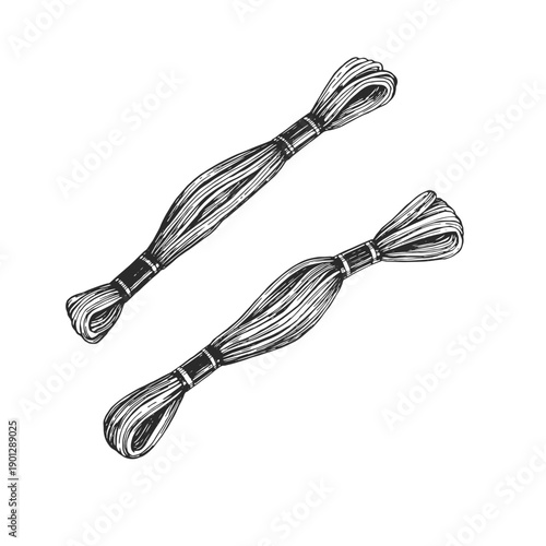 Embroidery floss skeins vector. Hand-drawn cotton thread hanks in vintage ink style. Artistic textile yarn sketch.