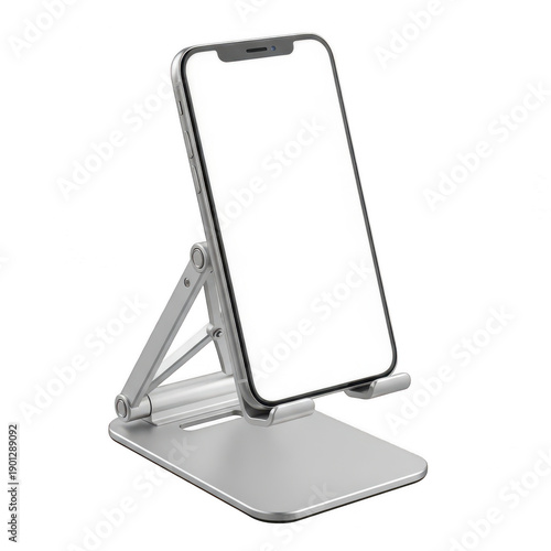 A silver metal phone stand holding a blank screen smartphone at an angle on a white background. isolated on transparent background