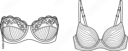 Bra technical drawings set, lingerie front view comparison, lace and padded underwire styles, women underwear fashion flat sketches