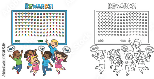 Happy kids celebrating 100 stars reward chart success vector with coloring page outline for school
