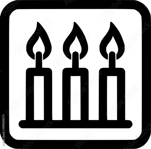 Symbol of Celebration: Minimalist illustration of three candles with flickering flames, enclosed in a square frame. A timeless symbol of celebration, enlightenment, and remembrance.