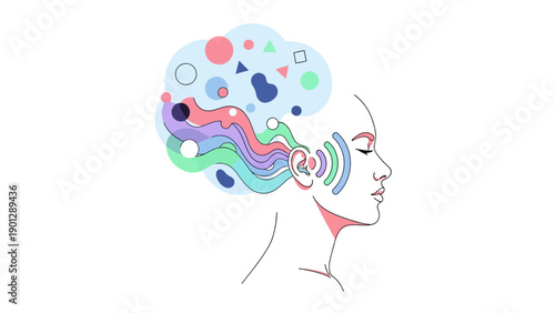 Abstract Concept of Listening and Creativity. Female Head Line Art Profile with Colorful Waves and Sound Input for Mind and Brain Health.