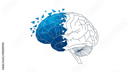 Digital Brain Fragmentation Illustration. Polygonal Low Poly Abstract Concept of Cognitive Breakdown, AI, Data Loss, or Mental Health.