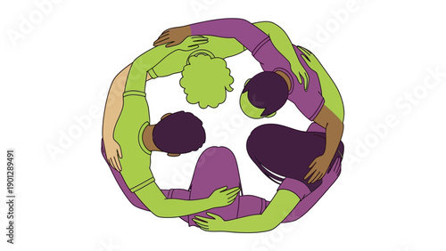 Multicultural Team Circle Hug Illustration. Unity, Support, and Inclusion Concept Vector.