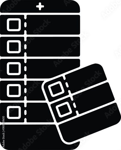 Stack of black binders with a plus sign on white background Keywords: binders, stack, files