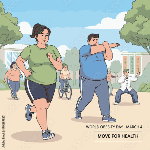Diverse Group of People Exercising in Park for World Obesity Day Illustration
