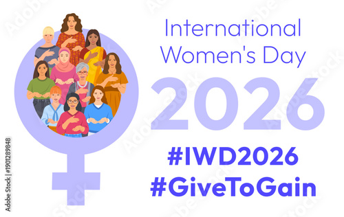 Give to Gain campaign pose. International Women's Day 2026. Diverse women demonstrate open palms giving gesture, with hand on their hearts to show generosity, collaboration and support for all women