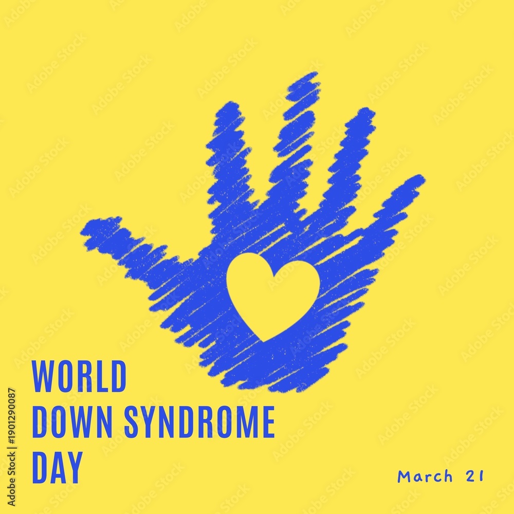 Fototapeta premium Down syndrome day celebrate poster with whimsical heart in hand