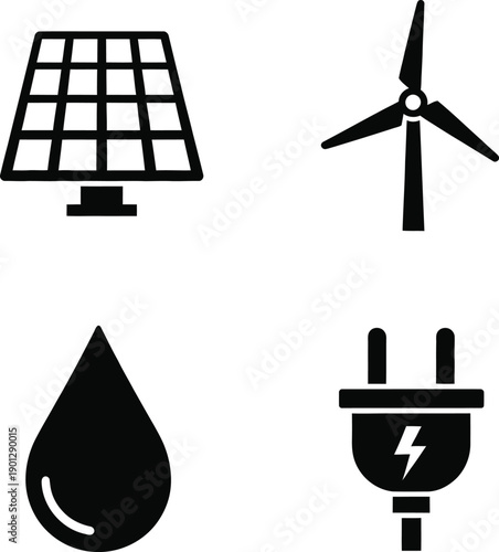 Clean flat vector icons of renewable energy sources featuring solar panels, wind turbine, water drop representing hydro power, and electric plug for sustainable electricity and green tech.