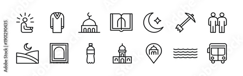 Black line icons for Ramadan and Islamic symbols