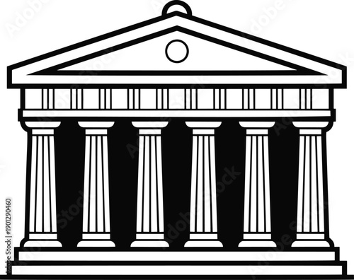 Minimalist black and white vector illustration of a classical Greek temple facade, showcasing six sturdy fluted columns and a triangular pediment, symbolizing authority, law, and finance.