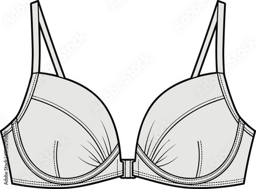 Bra technical illustration, padded lingerie front view, women underwear fashion flat sketch, garment design drawing, isolated on white background