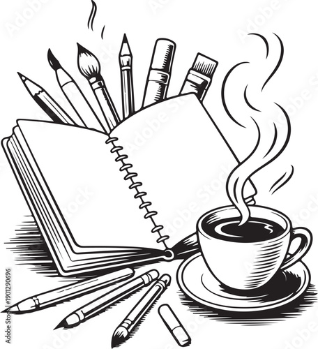 A brown mug of steaming coffee sits on a wooden office desk next to an open paper notebook and a pen, capturing a quiet morning work moment in a cafe