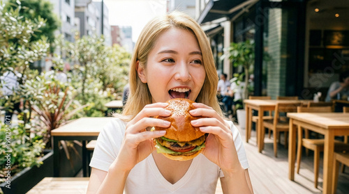 夏の日のランチタイムに白いTシャツ姿でハンバーガーを楽しむ金髪の女性