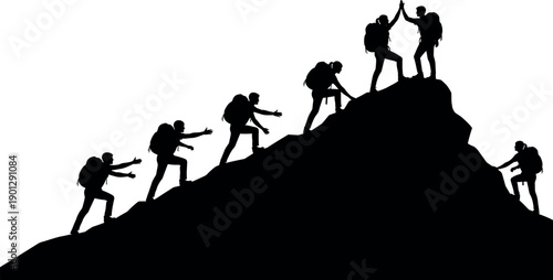 Silhouette of teamwork hikers climbing mountain peak helping each other reaching goal success concept for business leadership and achievement vector illustration