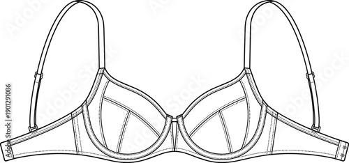 Bra technical drawing, women lingerie outline illustration, underwire bra front view, fashion garment sketch, isolated on white background