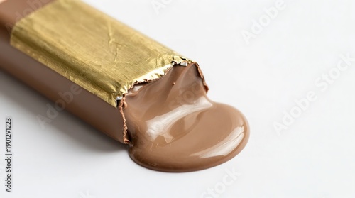 A close-up of a chocolate bar with a bite taken out of it, revealing the smooth and creamy filling.